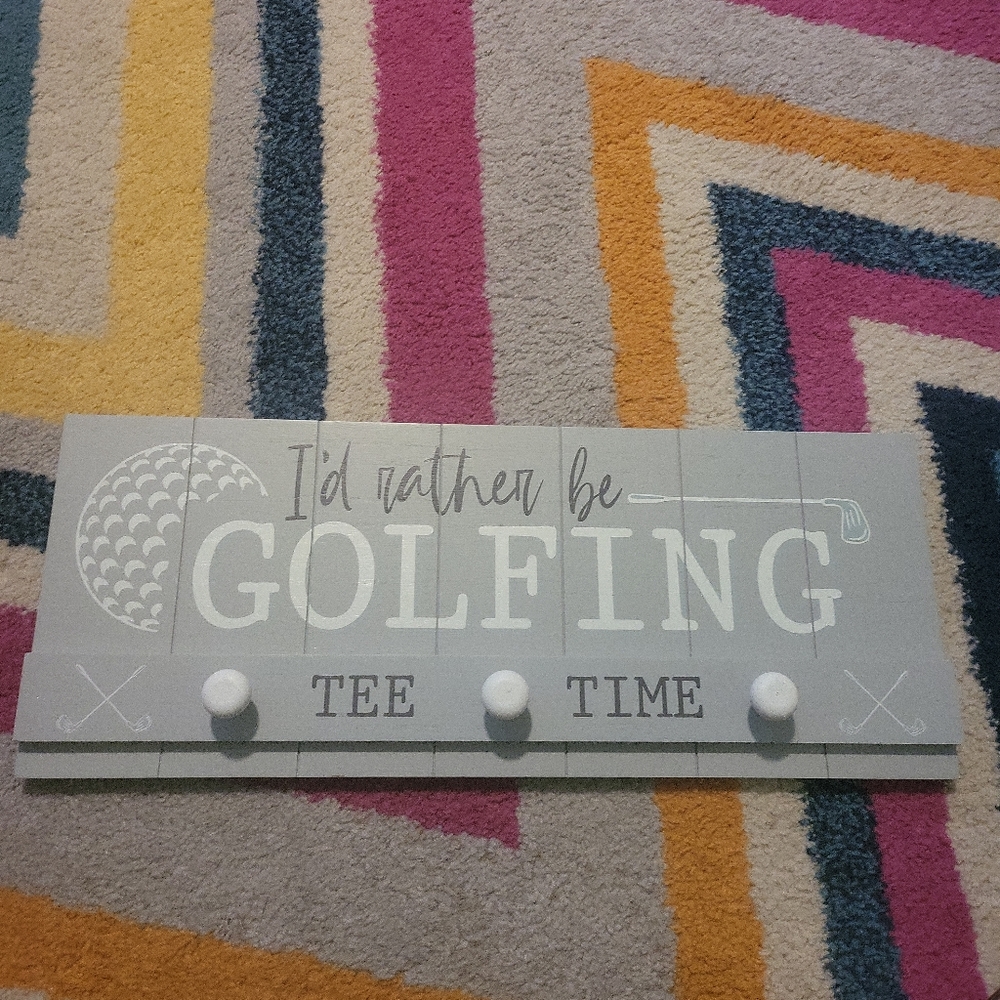 NEW Malden International "I'd Rather Be Golfing" Wooden Wall Sign w/ Knob Hooks